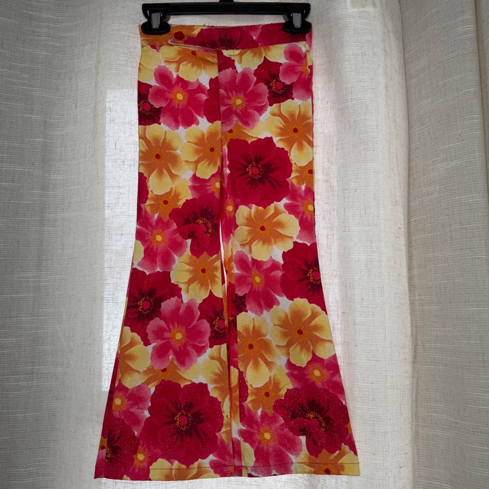 Y2K Vintage Xhilaration Flare Pants Pink Floral Silver Glitter Girls Size XS 4/5